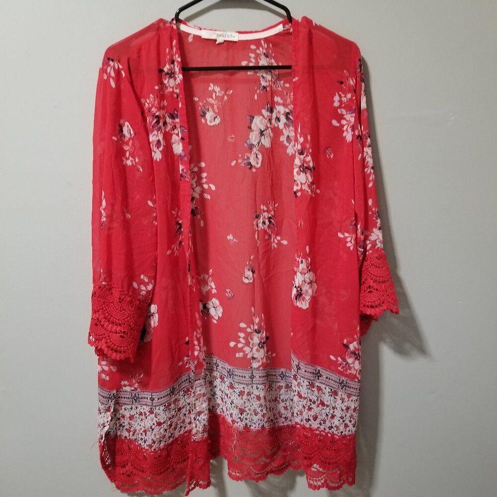 Kimono Semi-sheer Red Floral Top Women's M
